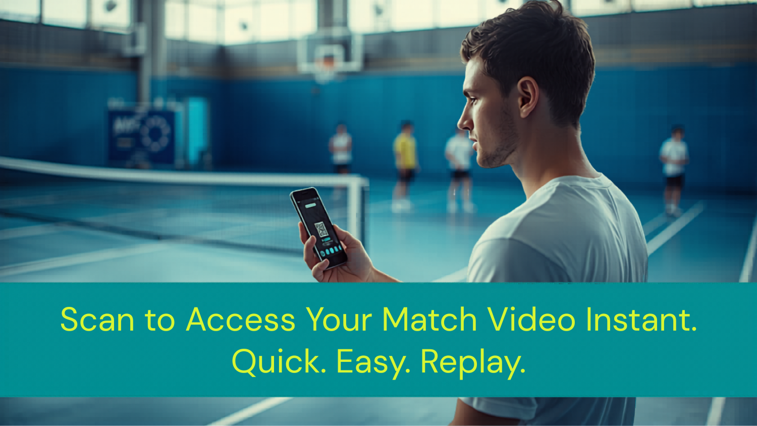 Player scanning a courtside QR code with a phone to access their padel match video